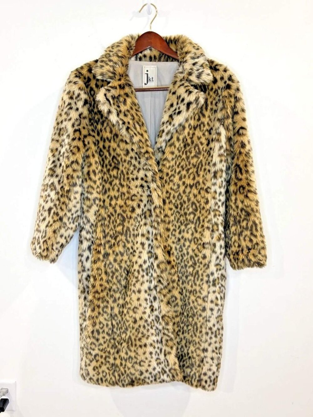 JKT Vegan Faux Fur Cheetah Leopard Print Long Coat Sz S Glam Mobwife Animal